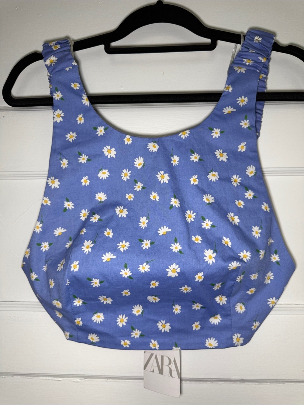 ZARA Periwinkle Daisy Print Cotton Crop Top Open Back Size L Cottagecore
